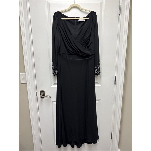 Mac Duggal Size 18 Black 55712 Beaded Cuff Long Sleeve Wrap Trumpet Gown Dress - Picture 4 of 13